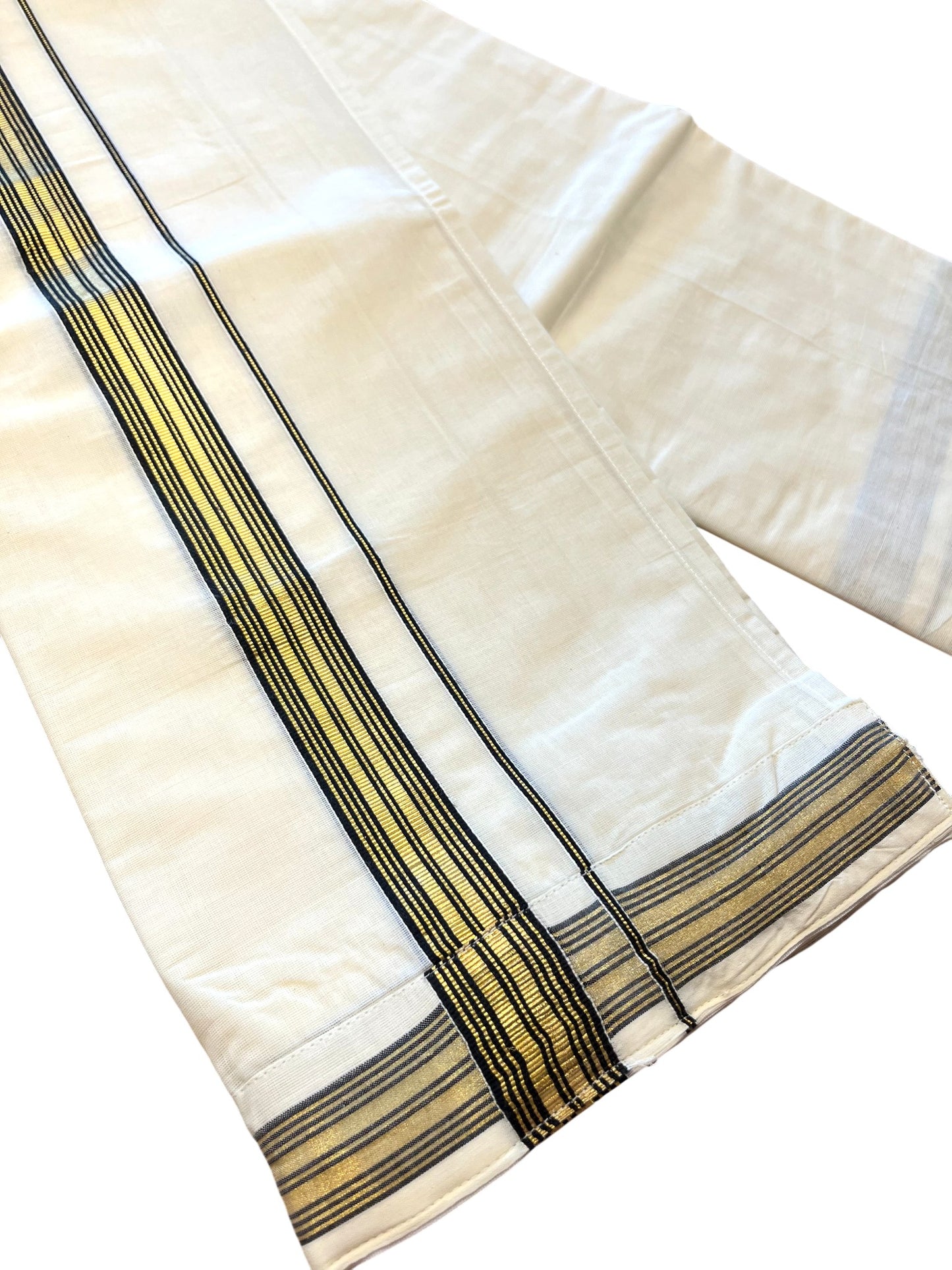 Southloom Off White Pure Cotton VELCRO Single Mundu with Gold Kasavu and Black Border (South Indian Kerala Dhoti)