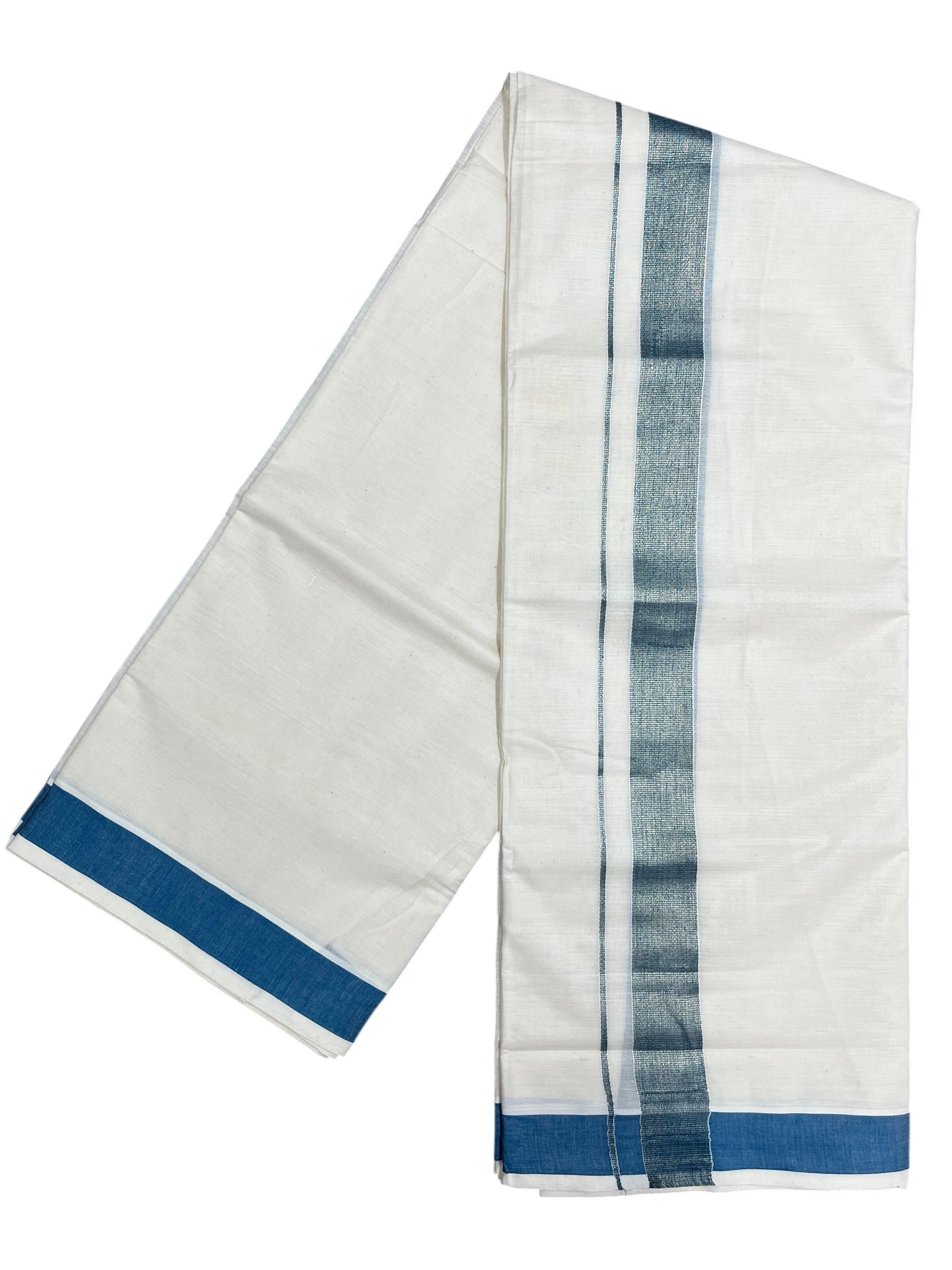 Southloom Kerala Pure Cotton Double Mundu with Blue Border (South Indian Dhoti)