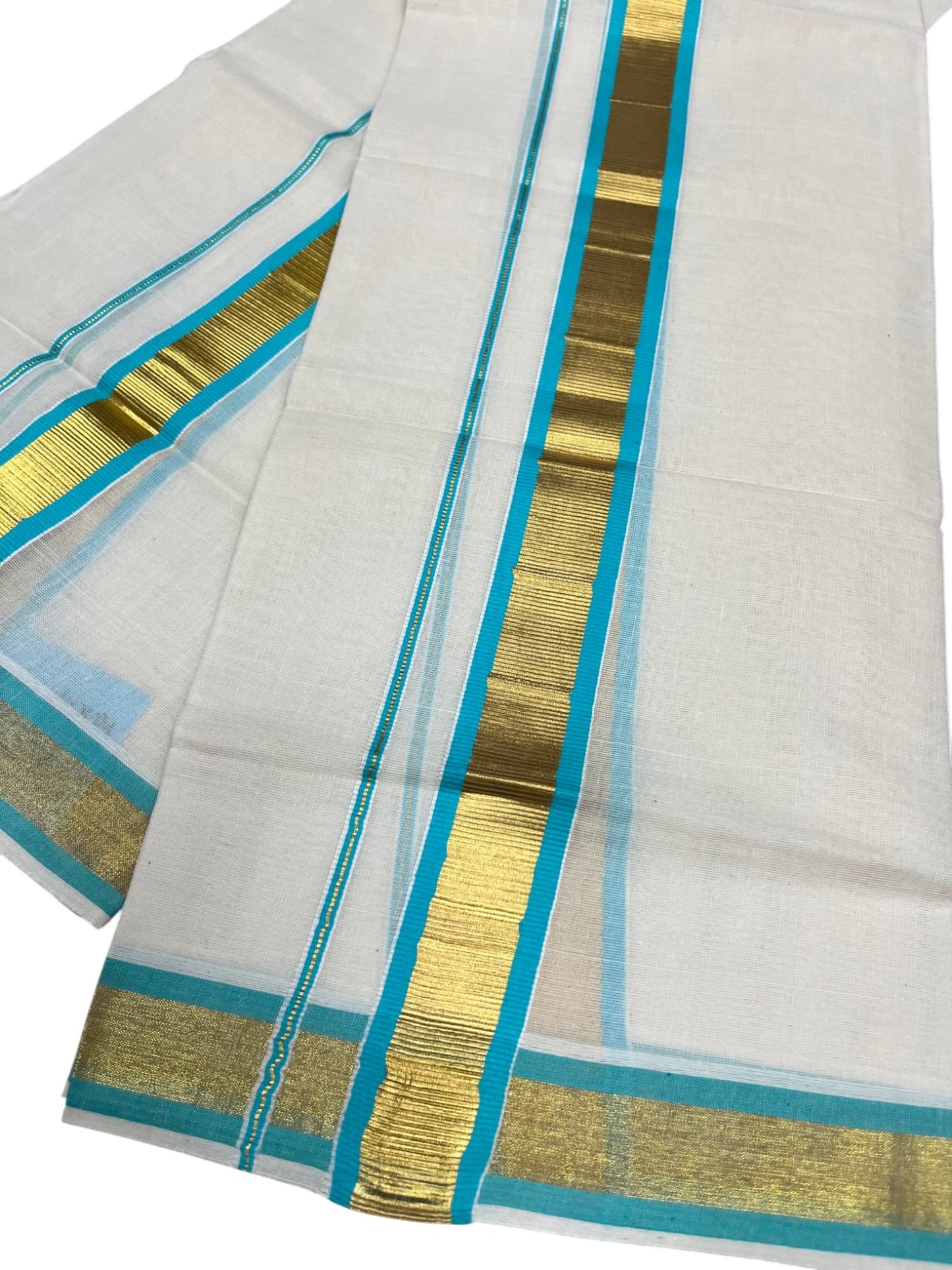 Kerala Cotton Set Mundu (Mundum Neriyathum) with Kasavu and Turquoise Border 2.80 Mtrs SL244