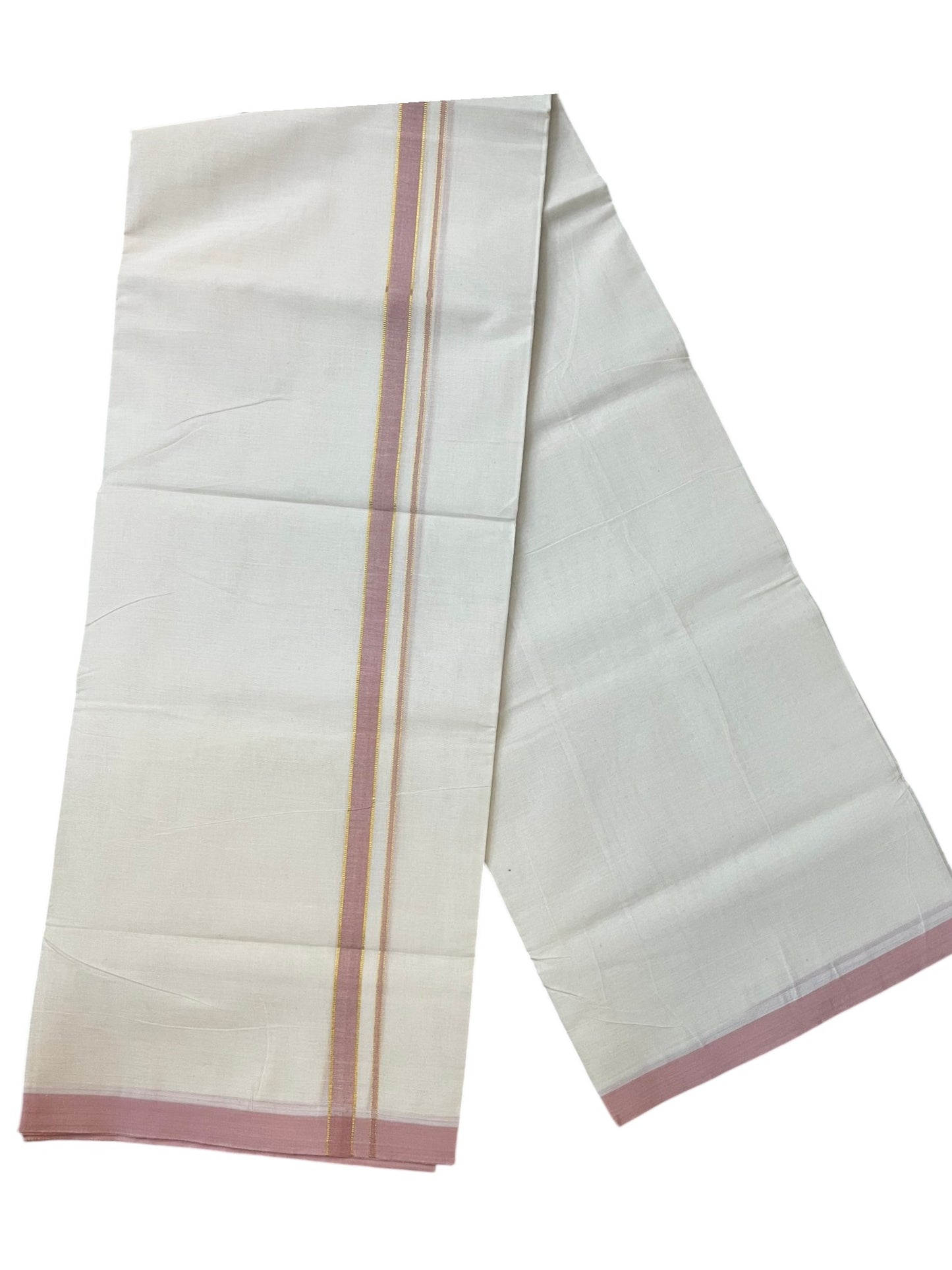 Southloom Pure Cotton Mundu with Golden Lines and Pink Border (South Indian Kerala Dhoti)