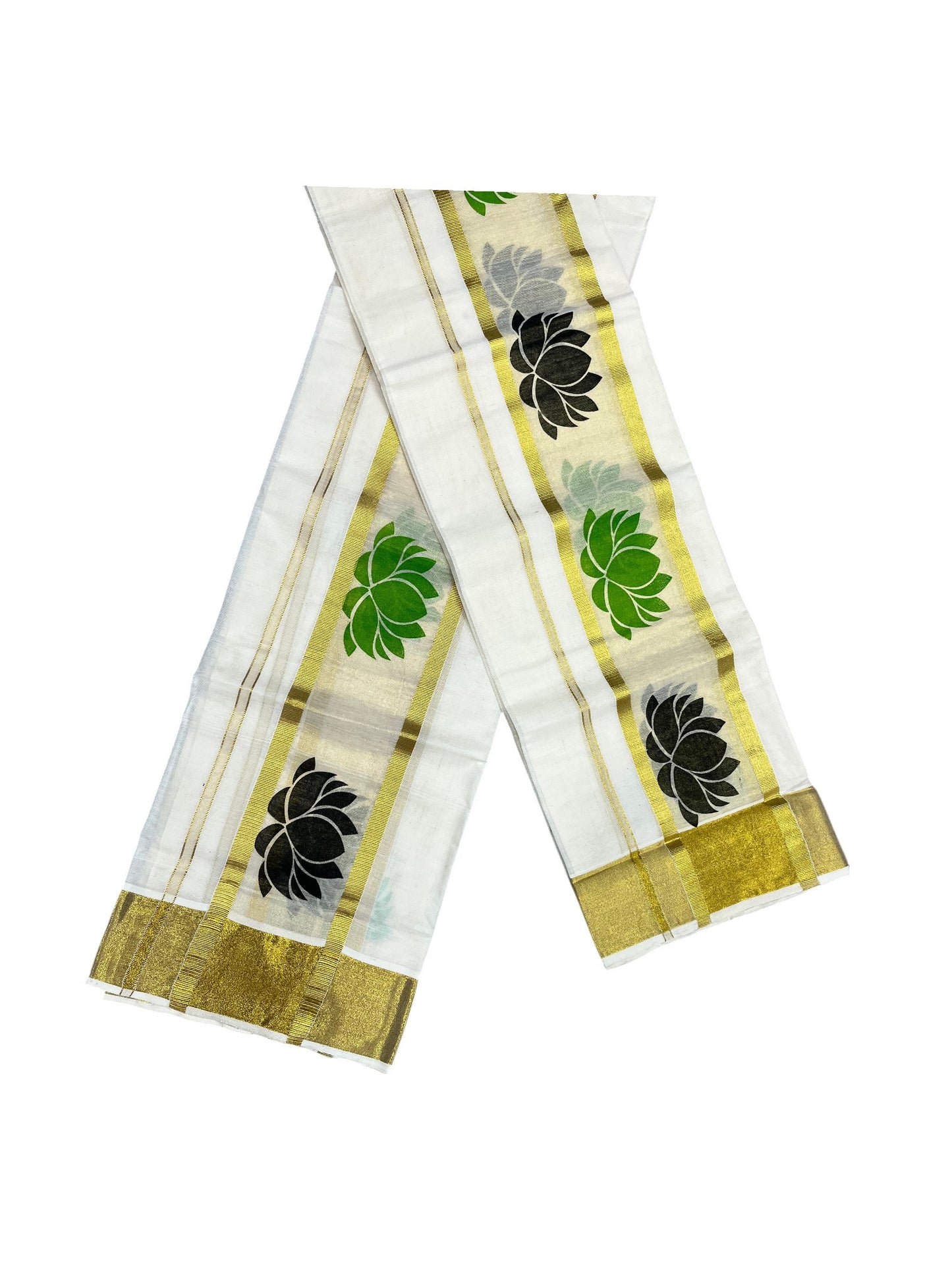 Kerala Cotton Single Set Mundu (Mundum Neriyathum) with Black And Green Lotus Block Prints On Kasavu Border 2.80 Mtrs SL340