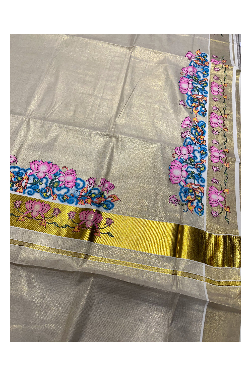 Southloom Tissue Kerala Kasavu Saree with Lotus Handpainted Design