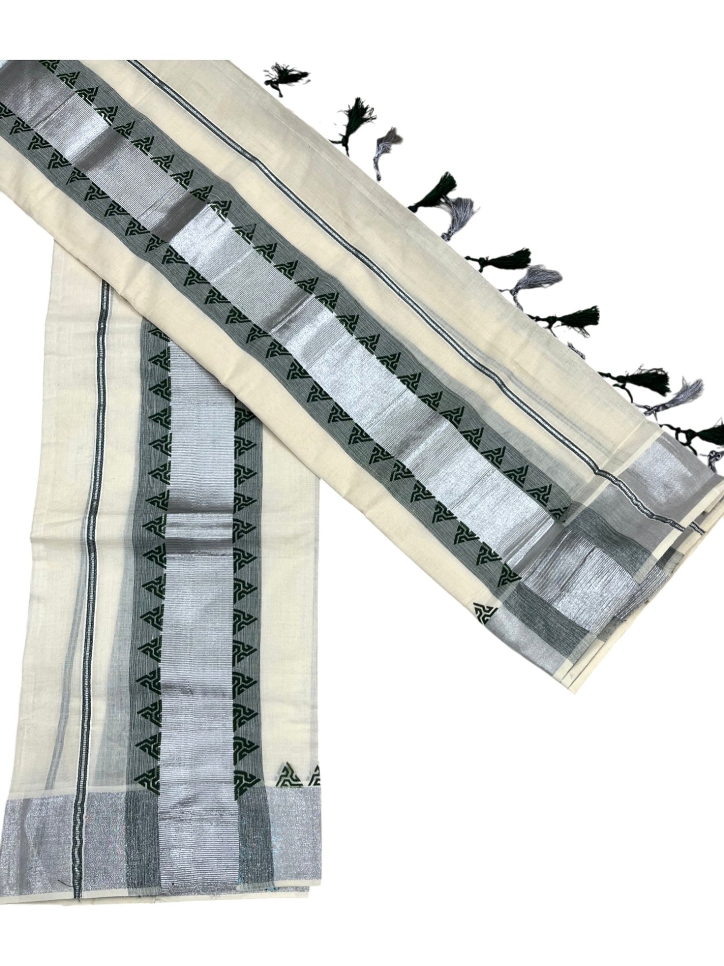 Cotton Single Set Mundu (Mundu Neriyathum) Silver Temple Design Works And Green Border Kasavu in 2.80 Mtrs With Tussles