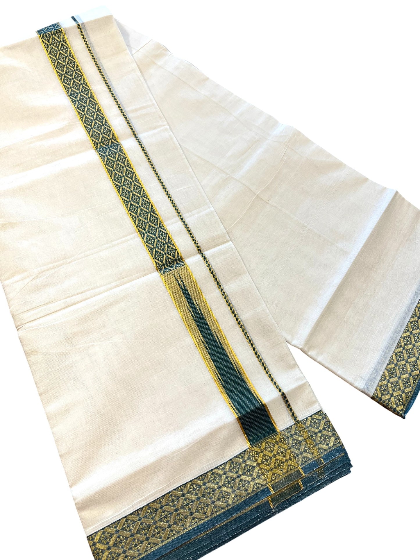 Southloom Kerala Pure Cotton Double Mundu with Kasavu Kara and Green Border (South Indian Dhoti)