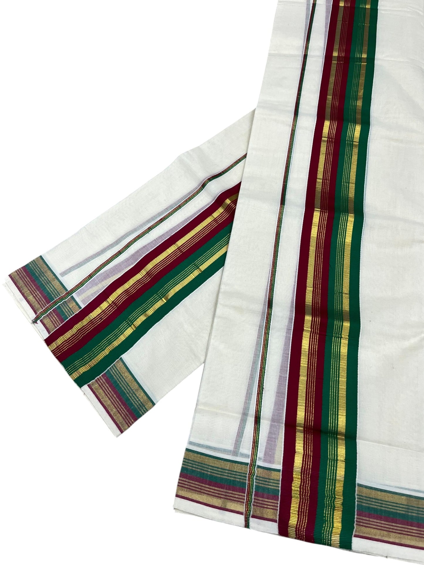 Southloom Kerala Cotton Kasavu Single Set Mundu (Mundum Neriyathum) with Green And Maroon Kasavu Border SLKK