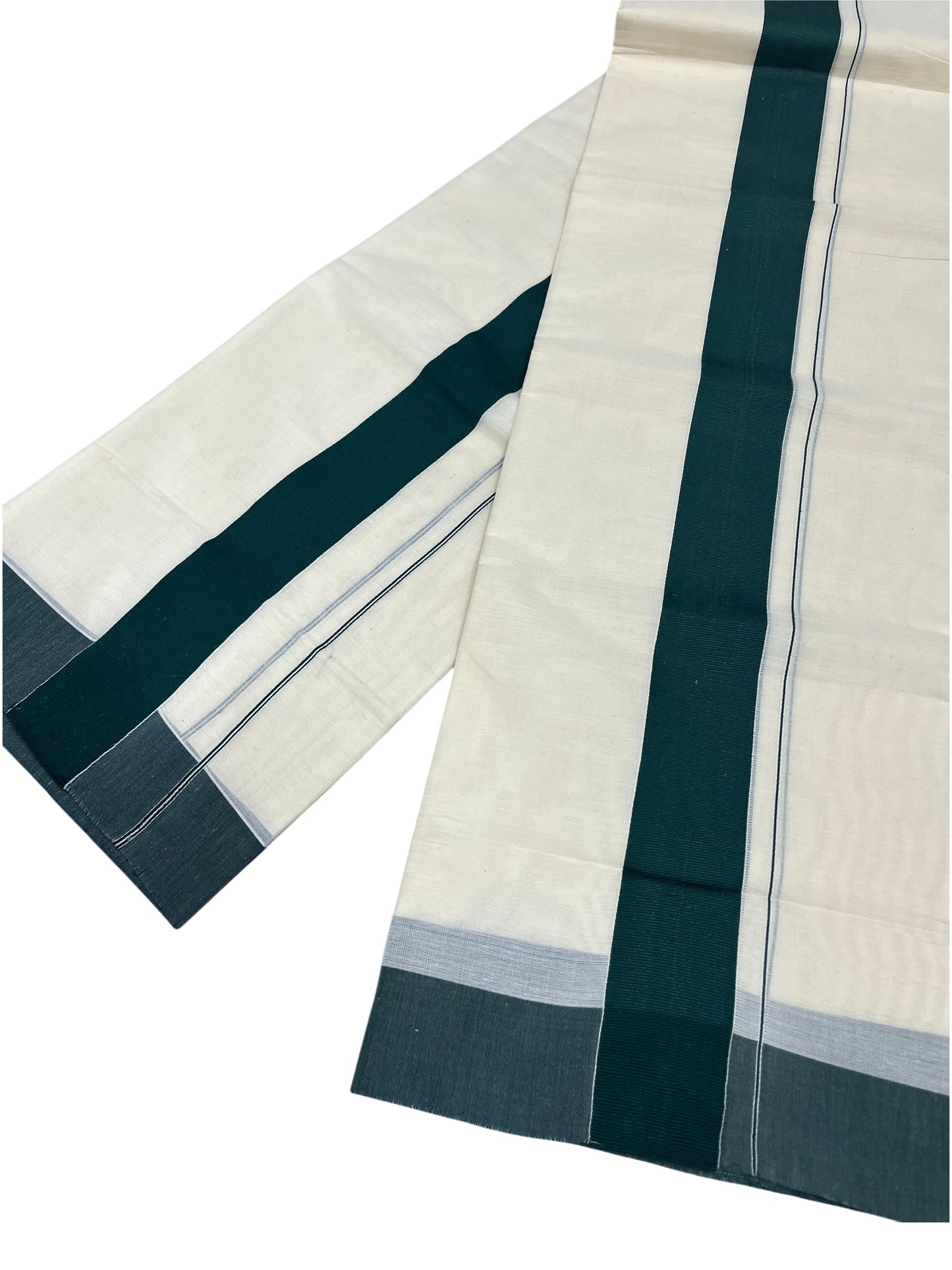Southloom Kerala Cotton Mundum Neriyathum Single (Set Mundu) with Plain 2 inch Green Katti Kara 2.80 Mtrs