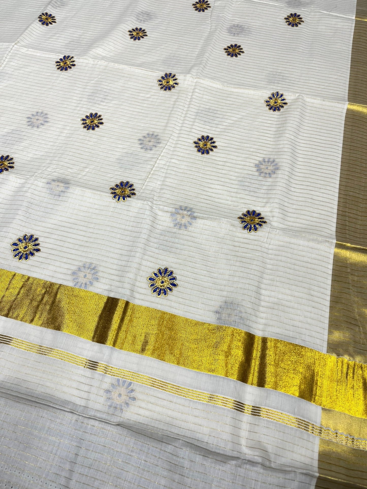 Southloom Cotton Kerala Kasavu Lines Saree with Floral Embroidery Design in Blue