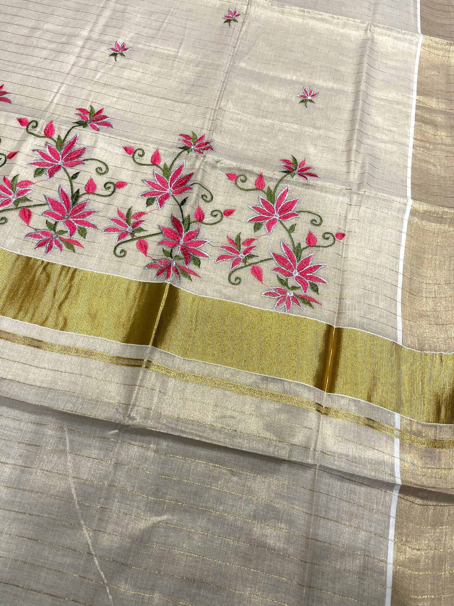 Southloom Tissue Kerala Kasavu Saree with Floral Embroidery