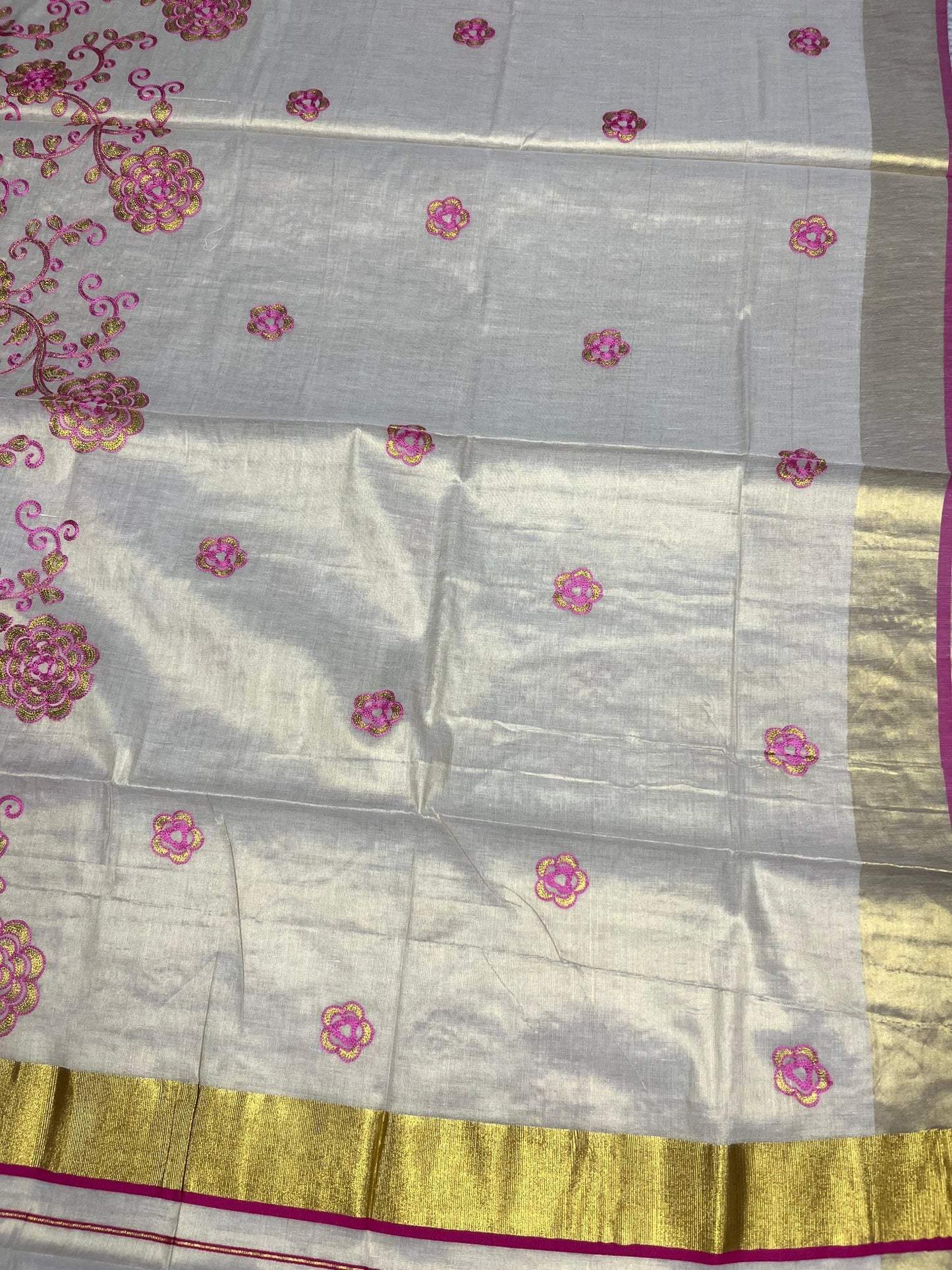Southloom Kerala Tissue Kasavu Saree With Pink and Golden Floral Embroidery Works