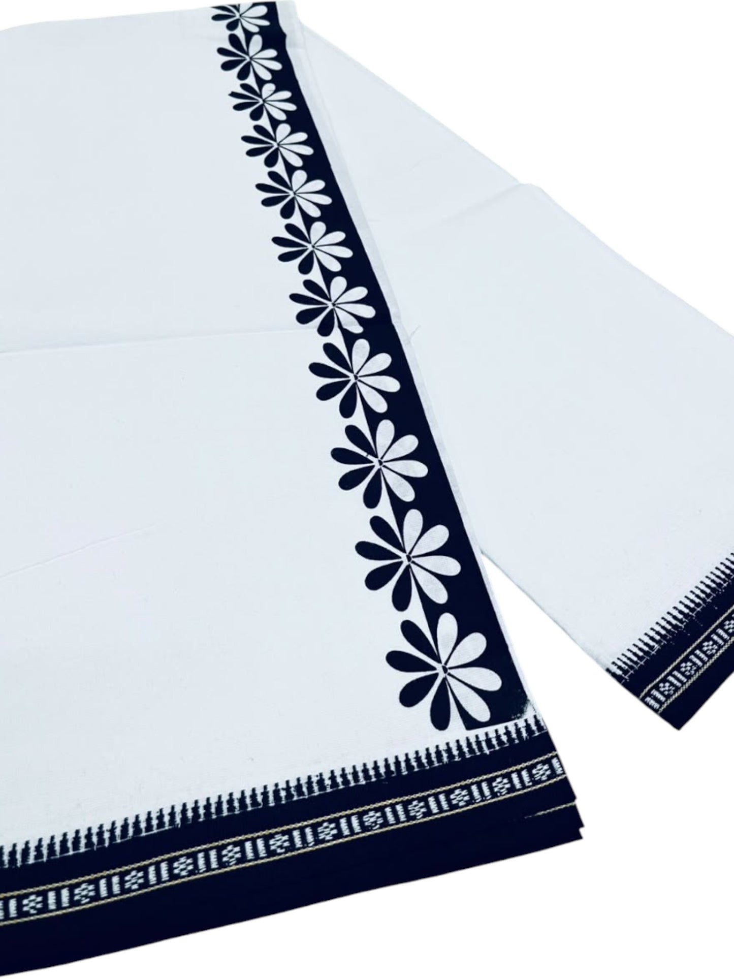 Southloom White Black Printed Single Mundu / Otta Mundu / Lungi (South Indian Kerala Dhoti)