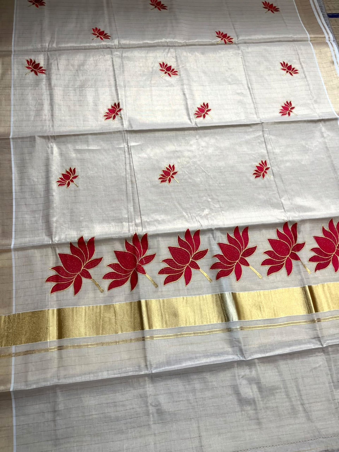 Southloom Kerala Tissue Kasavu Saree with Lotus Embroidery Works on Body in Red SL557