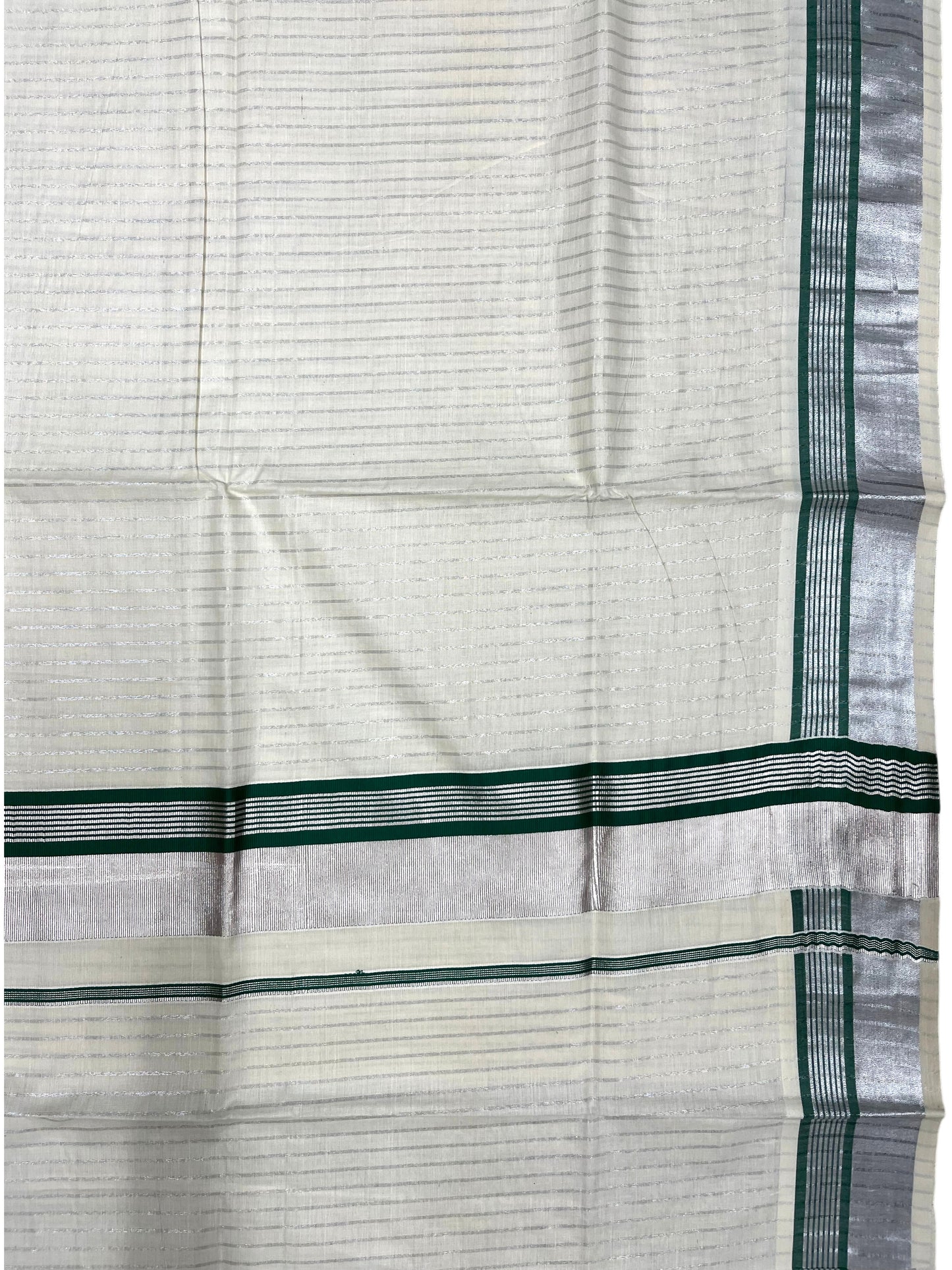 Southloom Pure Cotton Kerala Silver Kasavu Lines Saree with Green and Silver Border