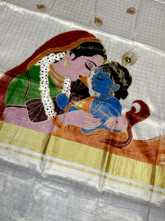 Southloom Tissue Kerala Kasavu Check Saree with Hand Painted Embroidery Krishna & Yashodha Design