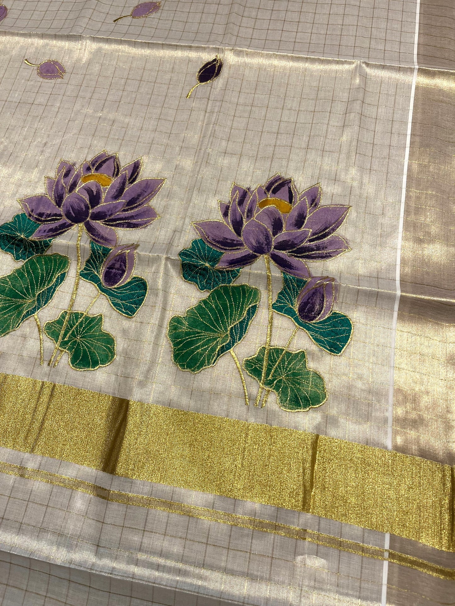 Southloom Tissue Check Kerala Kasavu Saree with Hand Painted Embroidery Violet Lotus Design