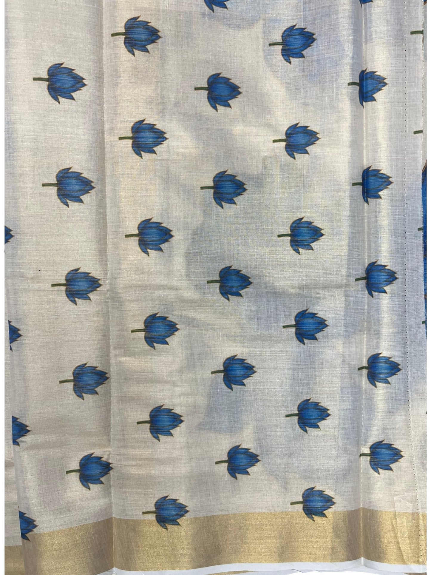 Southloom Kerala Tissue Kasavu Saree with Blue Lotus Digital Prints on Border