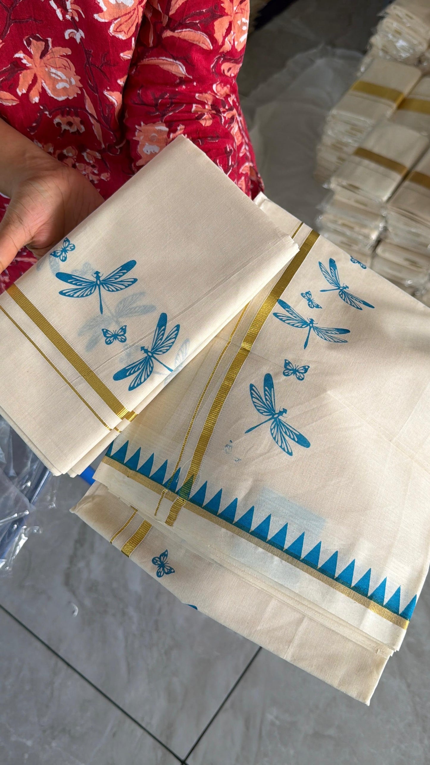 Cotton Thumbi Temple Print Set Mundu SL151 (2.80 Neriyathu)