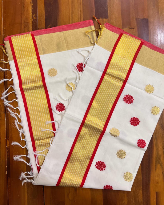 Southloom™ Premium Handloom Cotton Kerala Saree with Golden and Red Floral Polka Work on Body