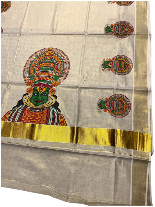 Kerala Tissue Kasavu Saree with Kathakali Mural Printed Designs