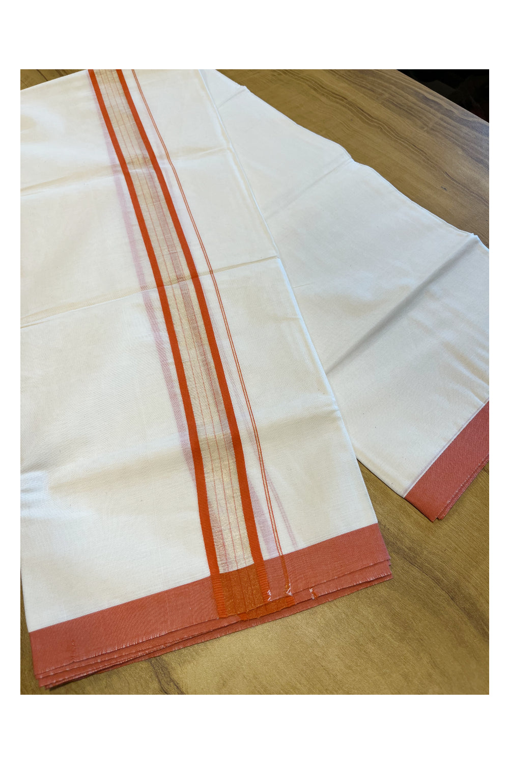 Pure Cotton Mundu with Orange Lines and Orange Border (South Indian Kerala Dhoti)