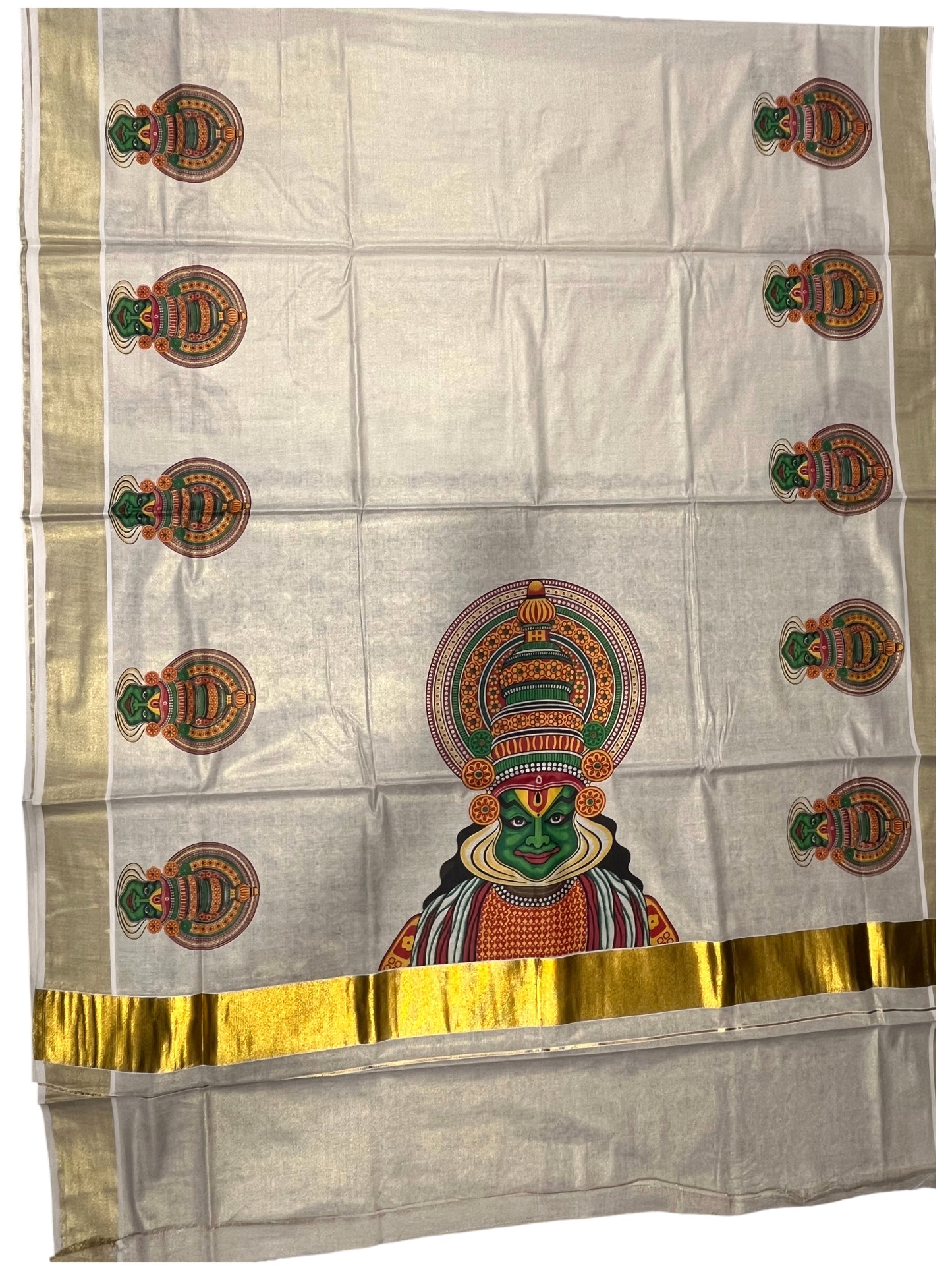 Kerala Tissue Kasavu Saree with Kathakali Mural Printed Designs