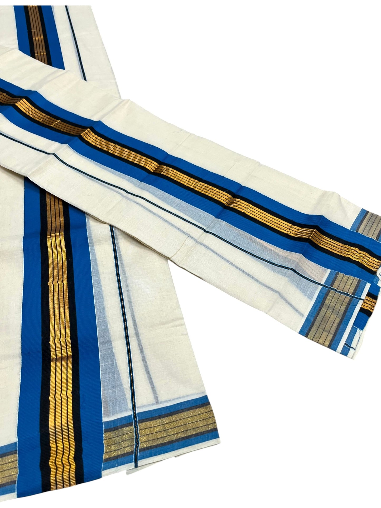 Southloom Kerala Cotton Kasavu Set Mundu (Mundum Neriyathum) with Black and Blue Border 2.80 Mtrs SLKK