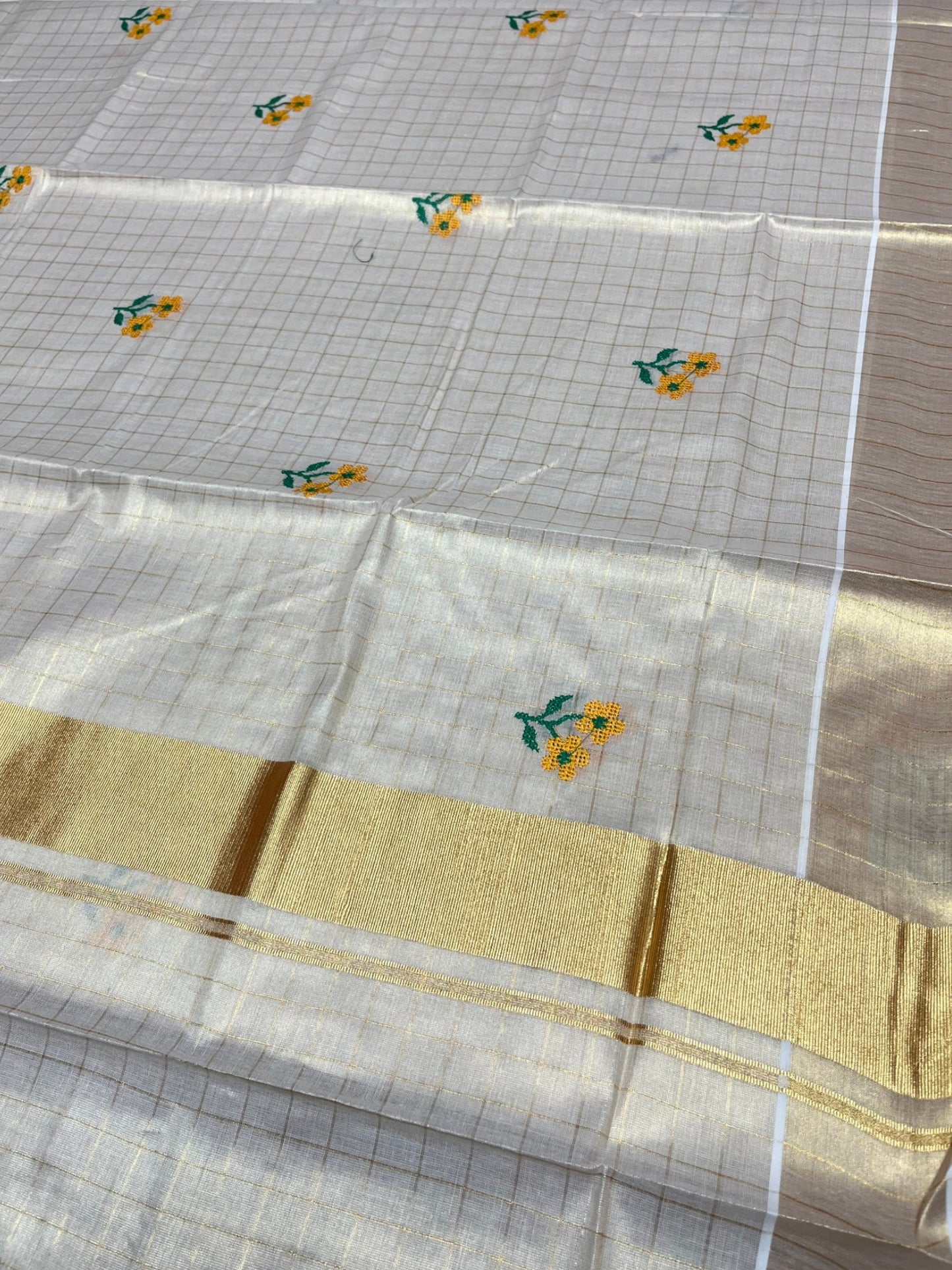 Southloom Kerala Tissue Kasavu Check Saree with Floral Embroidery Design in Yellow