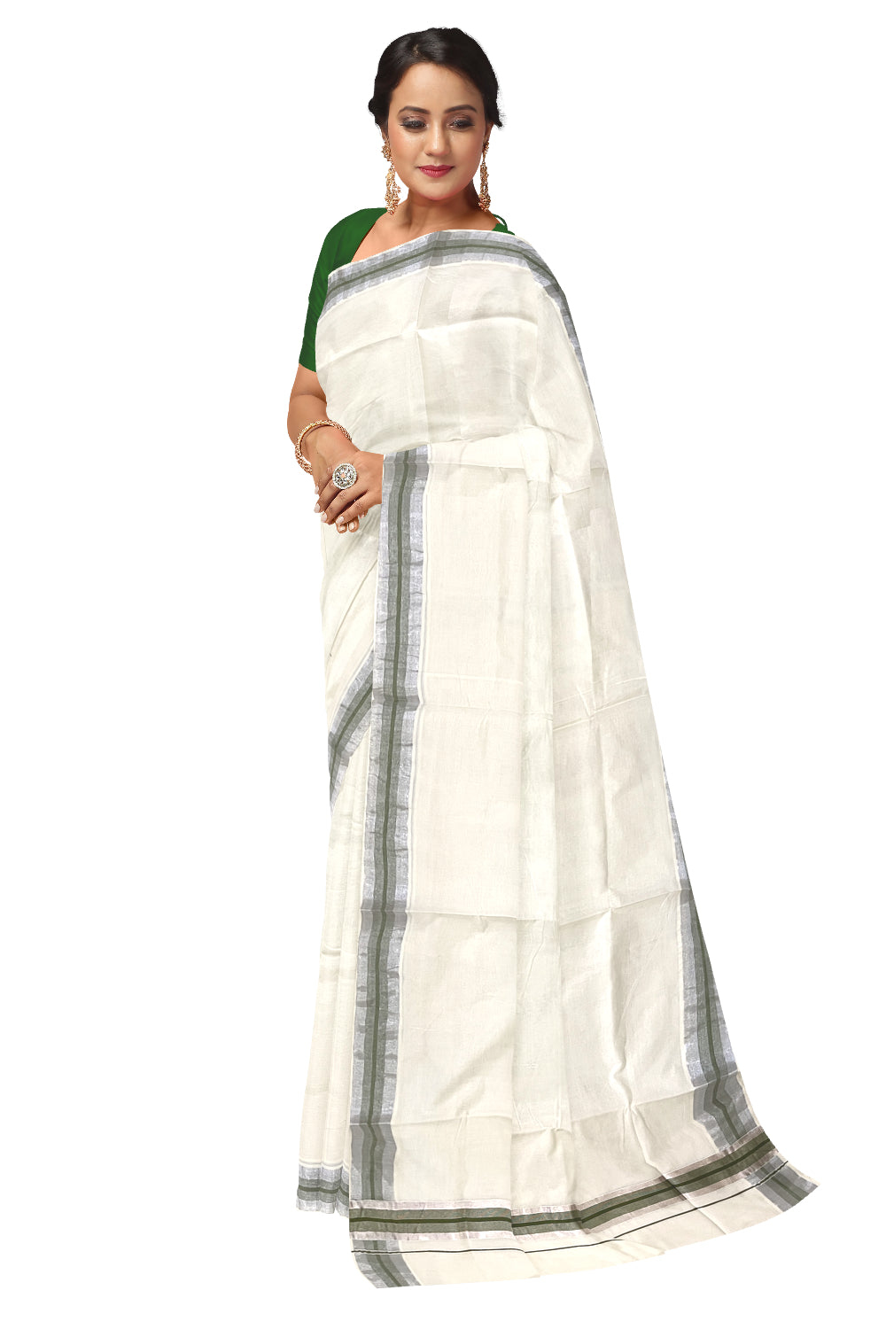 Kerala Pure Cotton Plain Saree with Silver Kasavu and Olive Green Line Border