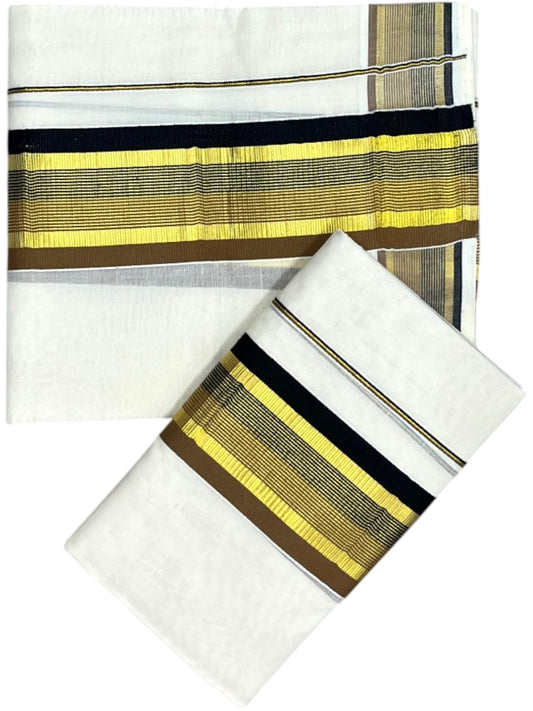 Southloom Kerala Cotton Kasavu Single Set Mundu (Mundum Neriyathum) with Black And Brown Kasavu Border SLKK