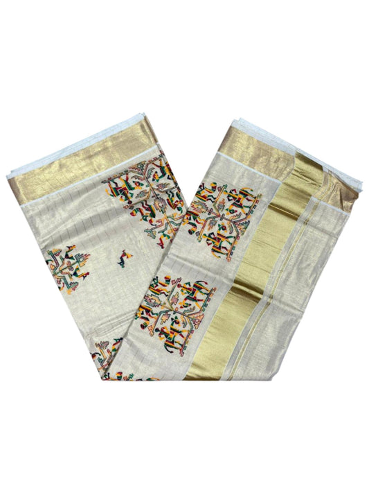 Southloom Tissue Kerala Kasavu Lines Saree with Kantha Embroidery Work on Body