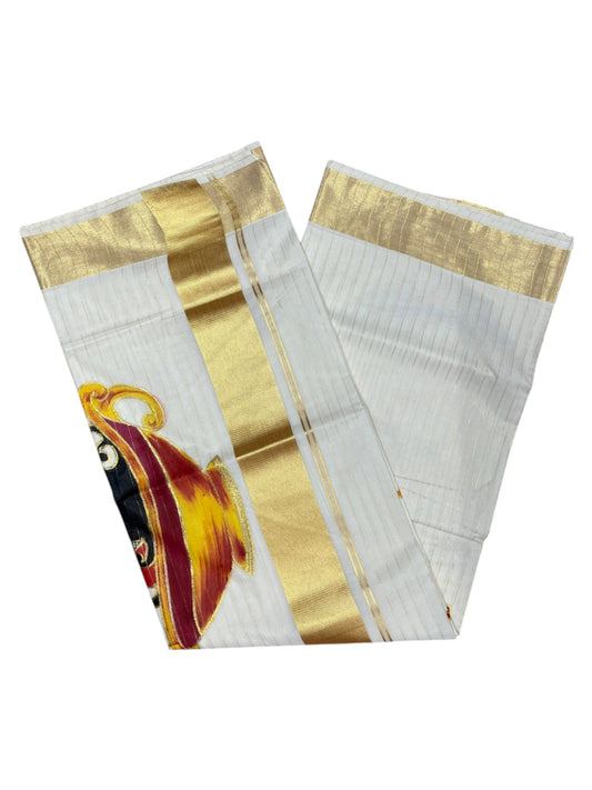Southloom Kerala Cotton Kasavu Line Saree with Hand Painted & Embroidery Design