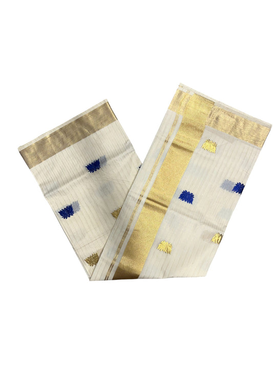 Southloom Kerala Cotton Kasavu Line Saree with Blue Lotus Embroidery Works