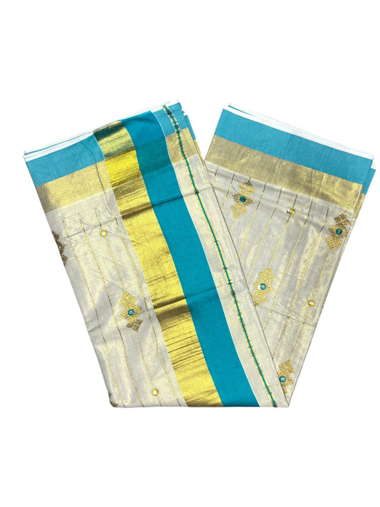 Southloom Kerala Tissue Kasavu Lines Saree with Golden And Turquoise Embroidery Works