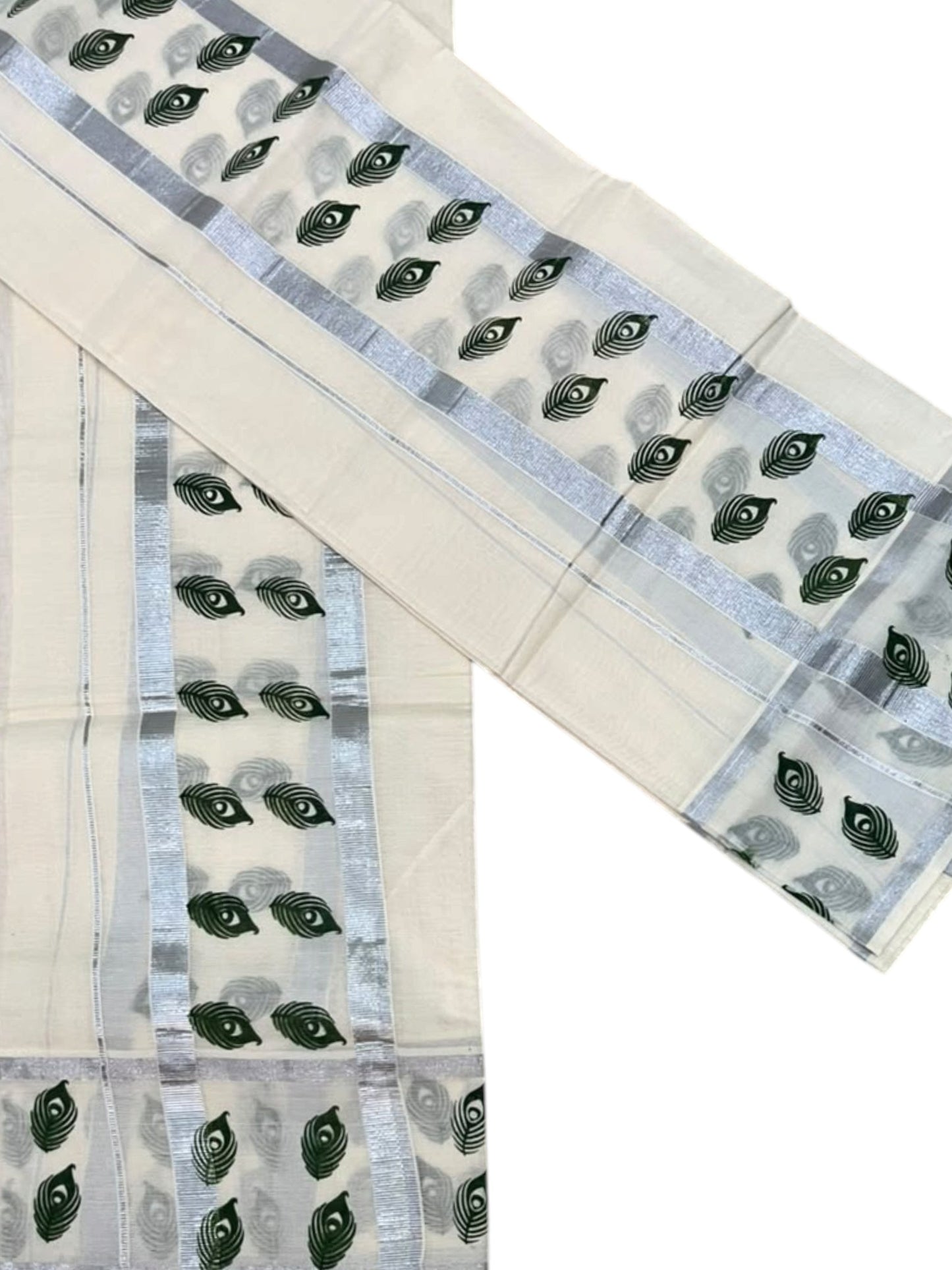 Southloom Pure Cotton Kerala Single Set Mundu (Mundum Neriyathum) with Green Printed And Silver Border 2.80 Mtrs
