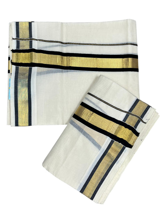 Kerala Cotton Set Mundu (Mundum Neriyathum) with Kasavu and Black Border 2.80 Mtrs SL244