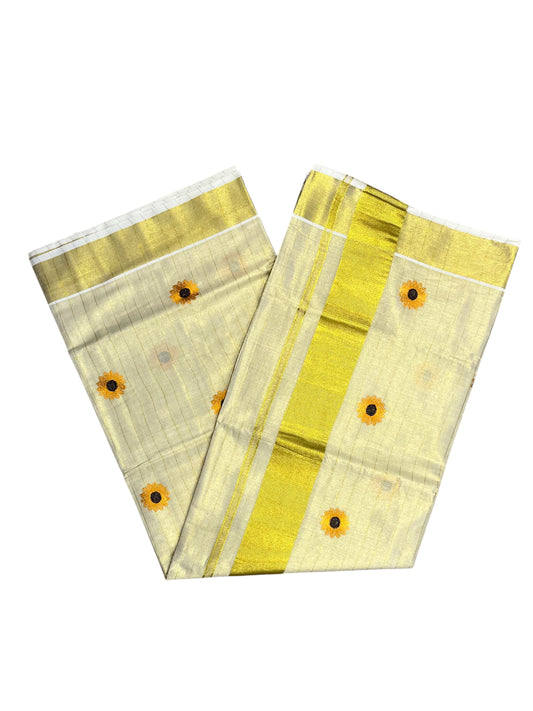 Kerala Tissue Kasavu Lines Saree with Flower Floral Embroidery Works