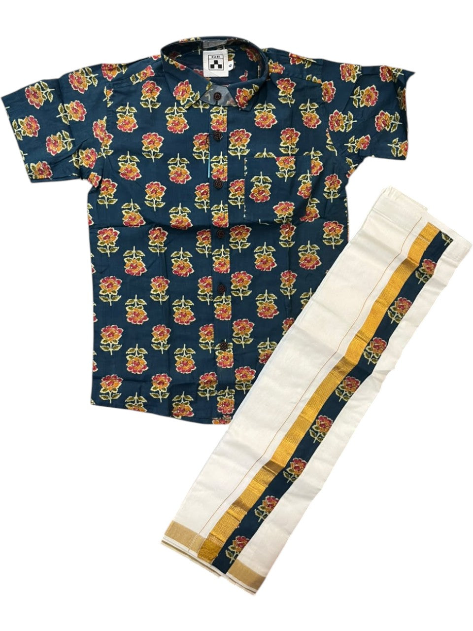 Southloom Cotton Floral Printed Kids's Combo (Shirt + Velcro Mundu) SLKCOMBO