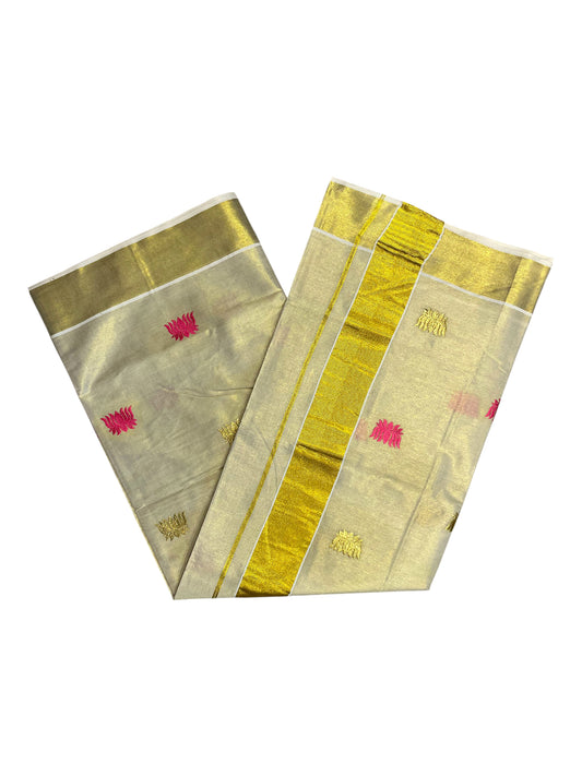 Southloom Kerala Tissue Plain Kasavu Saree with Pink And Gold Lotus Embroidery Works