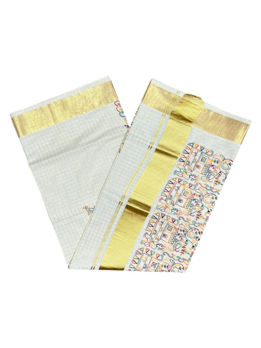 Southloom Kerala Pure Cotton Check Saree with Parrot Embroidery Work on Body and Borders