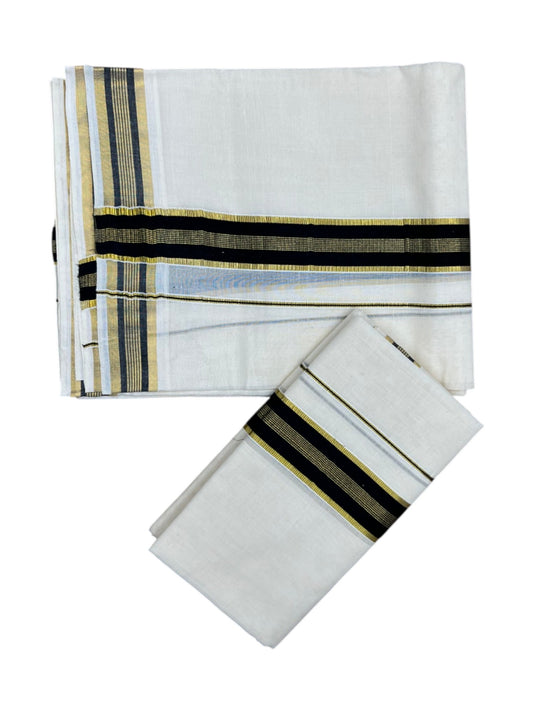 Southloom Kerala Cotton Single Set Mundu (Mundum Neriyathum) with Kasavu and Black Border in 2.80 Mtrs
