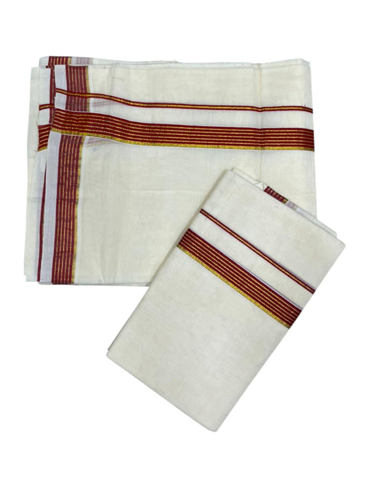 Pure Cotton Kerala Single Set Mundu (Mundum Neriyathum) with Red Kasavu Border in 2.80 Mtrs SL394