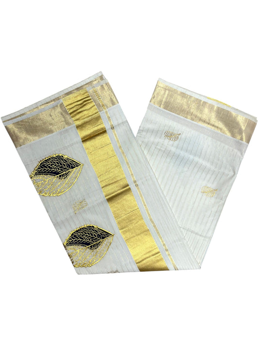 Southloom Kerala Kasavu Lines Saree with High Quality Embroidery Work in Kasavu and Blue
