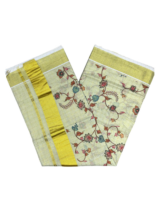 Southloom Tissue Check Kalamkari Print Kerala Kasavu Saree in Blue