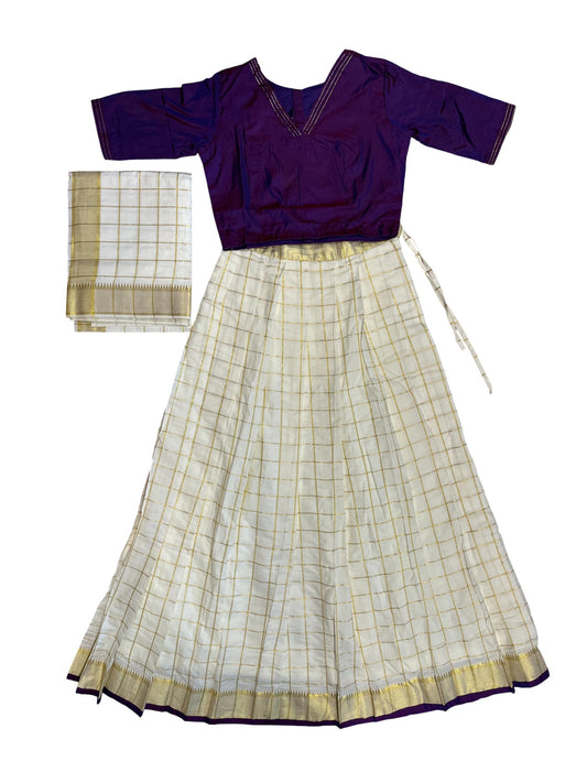 Southloom Stitched Cotton Dhavani Set with Pavada and Violet Blouse Piece