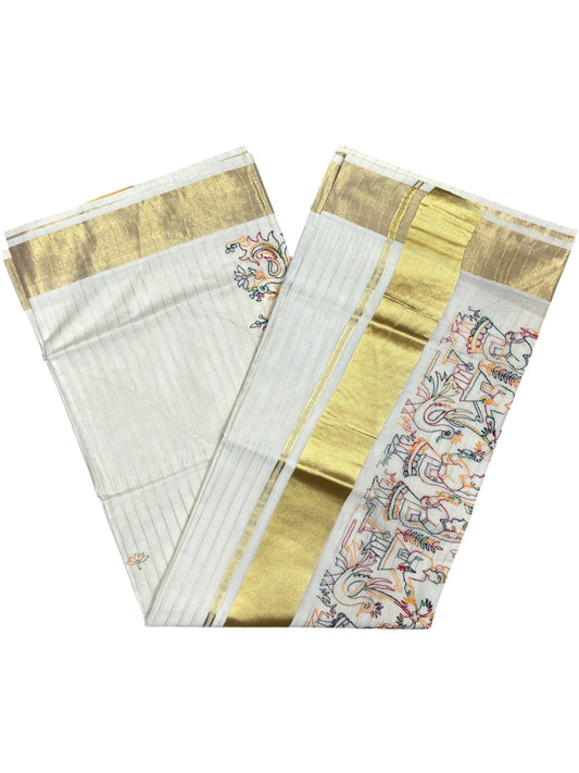 Southloom Cotton Kerala Kasavu Lines Saree with Kantha Embroidery Work on Body SL322