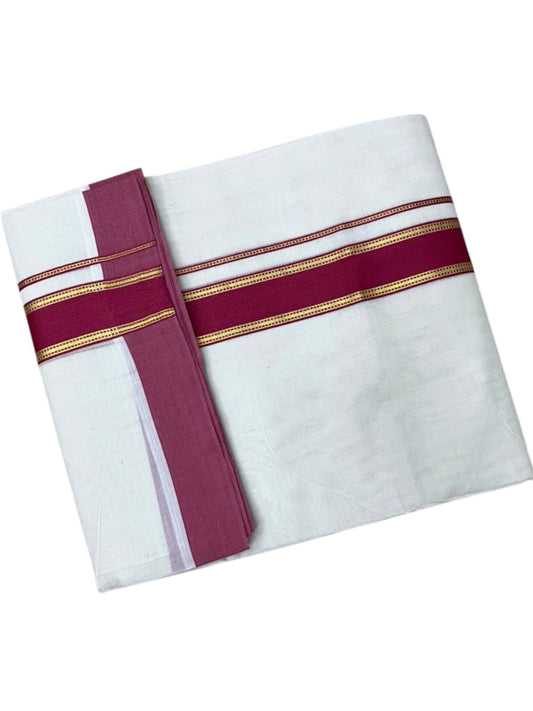 Southloom Pure Cotton Mundu with Siver Lines and Magenta Border (South Indian Kerala Dhoti)