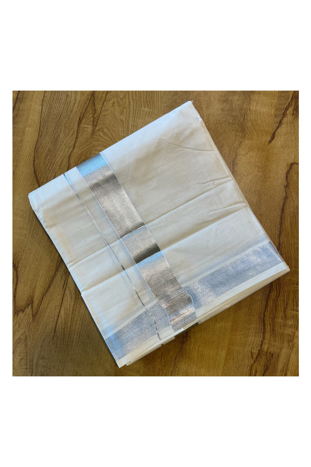 Pure Cotton Mundu with Silver Lines and Silver Border (South Indian Kerala Dhoti)