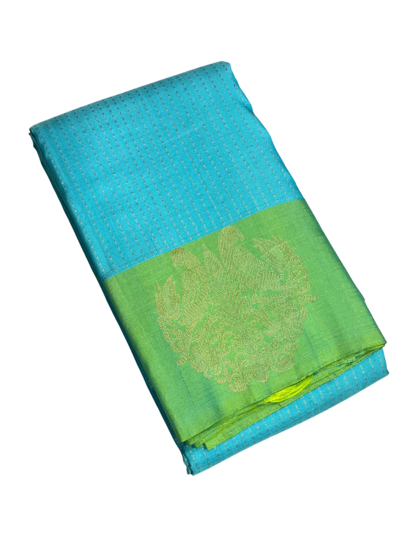Southloom Premium Bridal Handloom Kanchipuram Silk Saree With Korvai Works (Blue & Green)