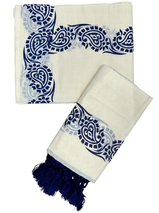 Southloom Cotton Single Set Mundu (Mundu Neriyathum) Blue Printed Border With Tussles in 2.80 Mtrs