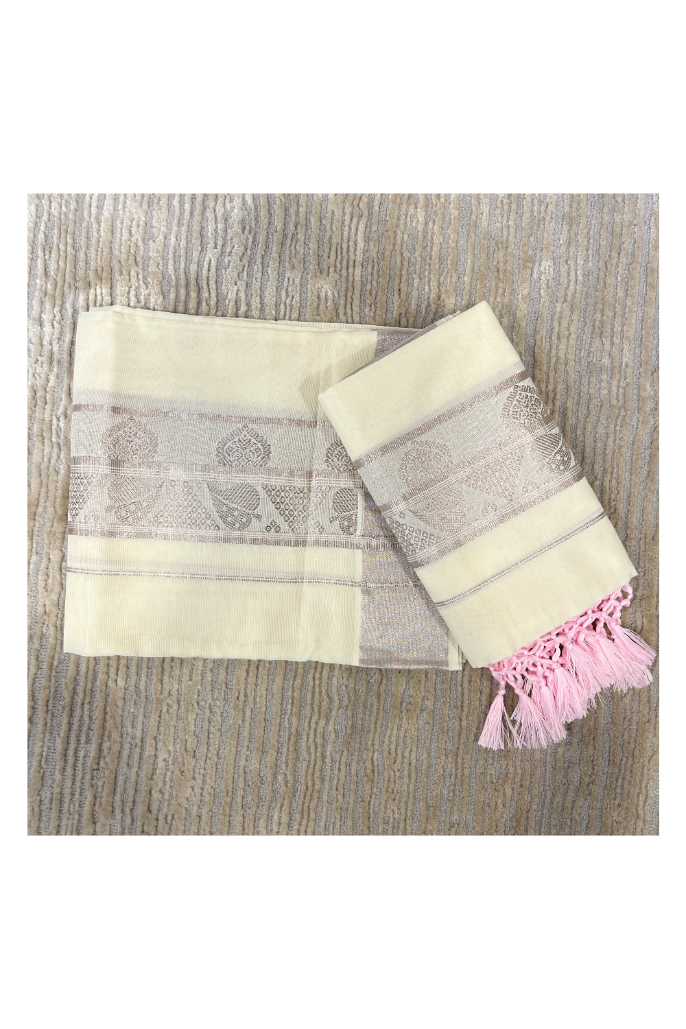 Southloom Pink Kasavu Set Mundu with Woven Work in Kara and Matching Pink Tassels