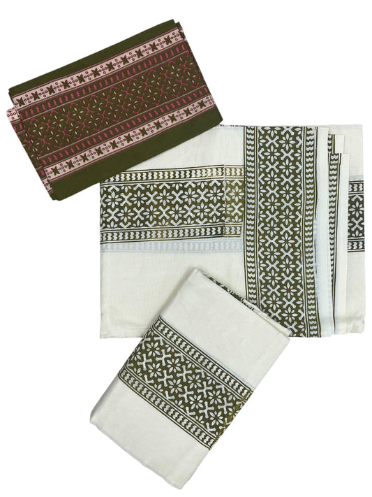 Southloom Olive Green Block Printed Set Mundu with Blouse Piece 2.80Mtrs SL423